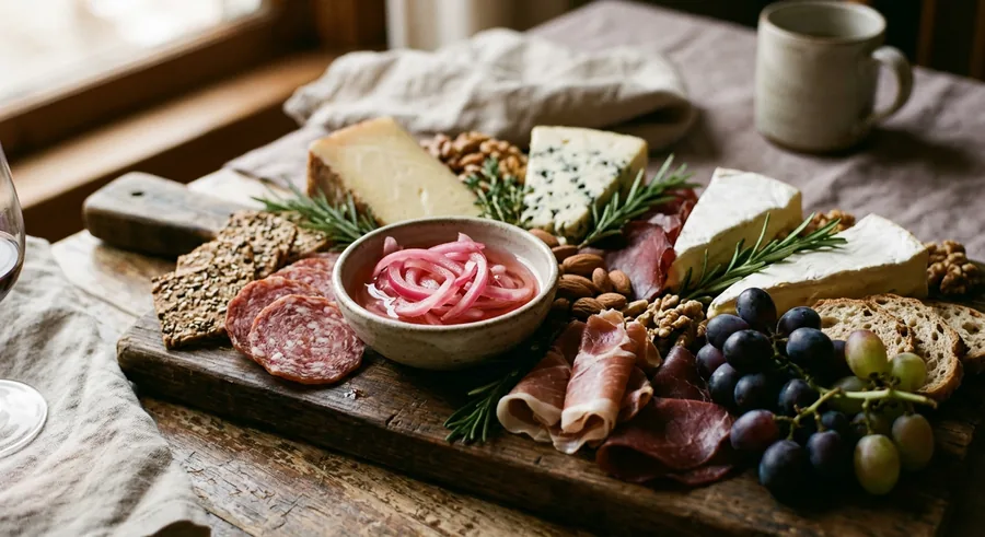 Tabla de quesos con cebolla al vino